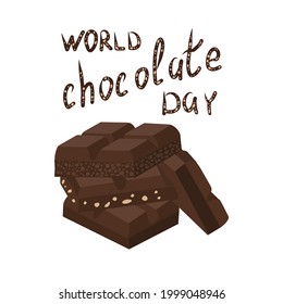 World Chocolate Day. Four chocolate bars: milk, bitter, airy, with nuts. Slices on top of each other. Design for banner, poster or postcard. Vector image on a white background.