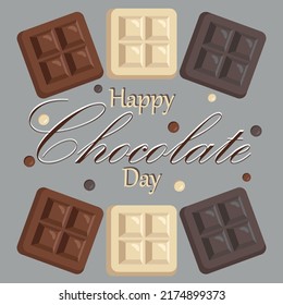 World chocolate day greeting card. Holiday poster with bars of white, milk and dark bitter  chocolate and lettering typography word. Vector illustration.