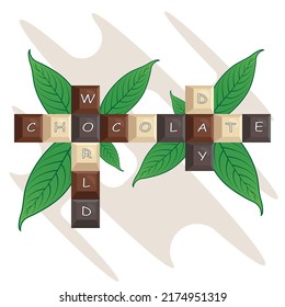 World chocolate day greeting card. Holiday poster with bars of white, milk and dark bitter  chocolate crossword and leaves. Vector illustration.
