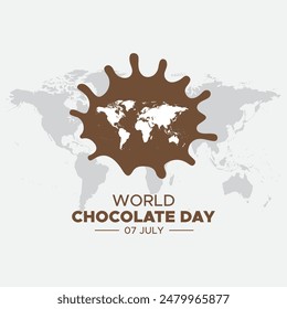 Día mundial del chocolate, tarjeta de felicitación, tipografía, mapa del mundo, 7 de julio día del chocolate, Ilustración vectorial.