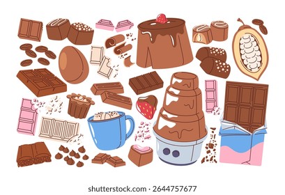 World chocolate day hand drawn design elements set with different delicious sweet food and drinks