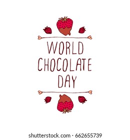 World chocolate day handlettering elements with doodle heart shaped chocolate covered strawberries on white background
