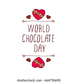 World chocolate day handlettering elements with doodle heart shaped chocolate candies on white background