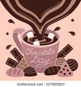 World Chocolate Day. July 11. Happy Chocolate Day handwritten text on coffee or cocoa mug with chocolate bars, candies and splashes. Pouring hot chocolate into a mug. Vector illustration