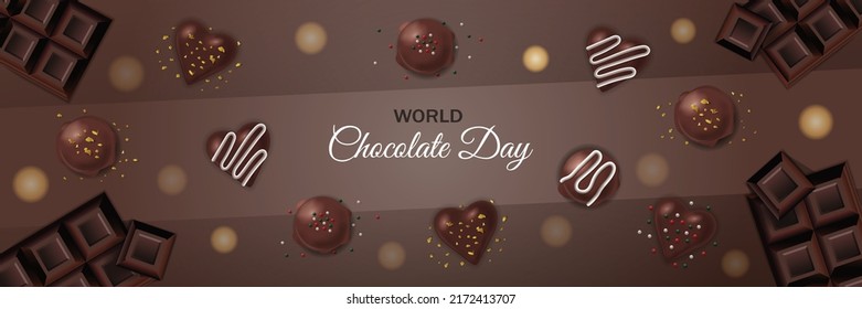 World Chocolate Day July 7 Poster chocolate bars, chocolate truffle, bombs, heart shape, cream, sprinkles. Realistic Horizontal banner background vector illustration. Website header graphic resource