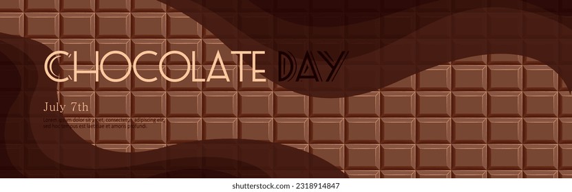 World chocolate day July 7 text with chocolate bar background. Concept greeting card. Typographic design, long horizontal vector banner for email newsletter, invitation.