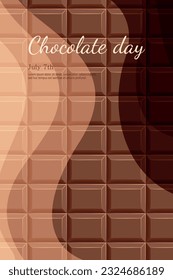 World chocolate day July 7 text with chocolate bar background. Concept greeting card. Typographic design, vertical vector banner for email newsletter, invitation.
