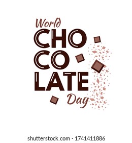 World chocolate day. Lettering decorated with chocolate pieces and crumbs. Design for a banner, poster, or postcard. Vector image on a white background.