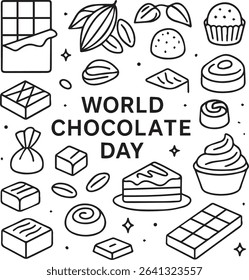 World Chocolate Day Line Art Illustration – Minimalist Vector Drawing of Chocolate Bars, Cocoa Beans, and Desserts