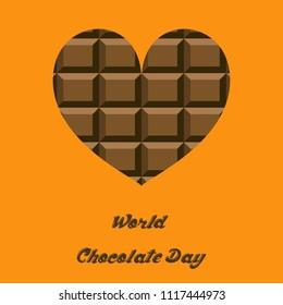 World chocolate day minimal vector illustration concept with chocolate bar in shape of heart isolated on orange backgound