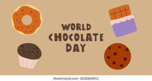 World chocolate day. Muffin, donut, cookie, chocolate bar. Flat design. Flat vector design. Brown background.