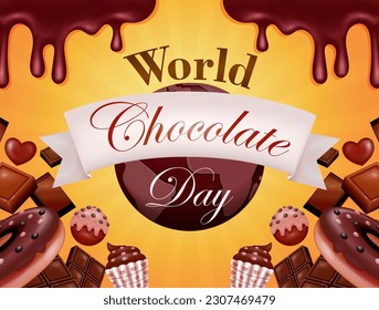 World Chocolate Day. Poster or banner, 3d vector illustration of chocolate and cake with earth background