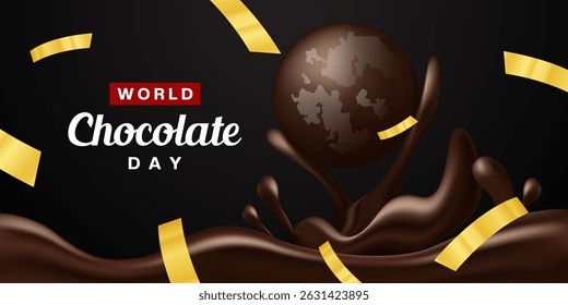 World Chocolate Day. Chocolate and ribbon. Great for posters, banners and social media. Black background.