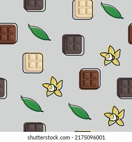 World chocolate day seamless pattern. Design background with bars of white, milk, bitter dark chocolate, flowers and leaves. Vector illustration.