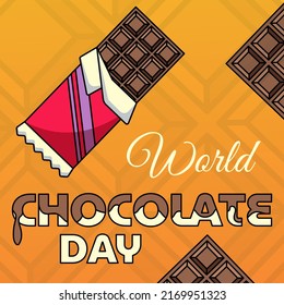 World chocolate day. Square social media banner. Sweet flat outline chocolate bar and text. Festive vector illustration isolated on bright background