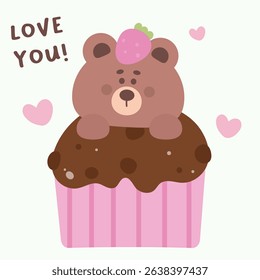 World Chocolate Day Teddy Bear Cartoon with Love Chocolate Cake. Kawaii Animal Whimsical Character Adorable illustration for Shop Logo.
