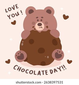 World Chocolate Day Teddy Bear Cartoon with Love Chocolate Cookie. Kawaii Animal Whimsical Character Adorable illustration for Shop Logo.