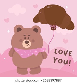 World Chocolate Day Teddy Bear Cartoon with Love Chocolate Croissant. Kawaii Animal Whimsical Character Adorable illustration for Shop Logo.