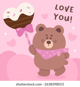 World Chocolate Day Teddy Bear Cartoon with Love Chocolate Cake Heart. Kawaii Animal Whimsical Character Adorable illustration for Shop Logo.