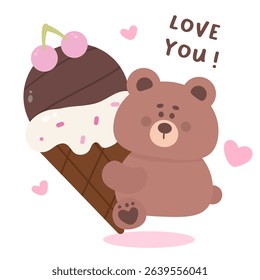 World Chocolate day with Teddy Bear hug Giant Chocolate Ice cream cone Kawaii Animal Whimsical Character Flat illustration.