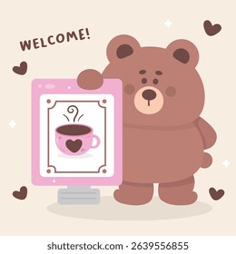 World Chocolate day with Teddy Bear and shop label chocolate cup Kawaii Animal Whimsical Character Flat illustration.