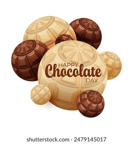 Diseño de texto del Día Mundial del Chocolate, composición de bolas de chocolate blanco y oscuro