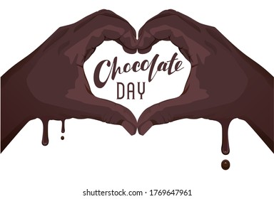World Chocolate Day text lettering template greeting card. Palms hands symbol heart love chocolate. Isolated on white vector cartoon illustration