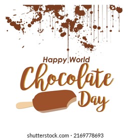World chocolate day text with chocolate stick ice cream rain illustration. white background with a little brown splatter at the top. simple square design