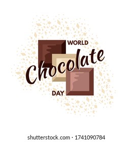 World chocolate day. Three chocolate bars - bitter, white, milk and greeting text. Design for a banner, poster, or postcard. Vector image on a white background.