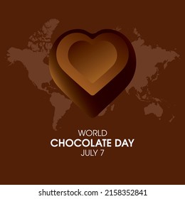 World Chocolate Day Vector. Milk Heart Shape Chocolate Icon Vector. Chocolate Praline And World Map On A Brown Background. Chocolate Day Poster, July 7. Important Day