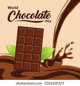 World Chocolate Day vector. Yummy Chocolate vector with chocolate bar,  leaf  and splash background.