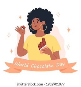 Día mundial del chocolate, una joven comiendo un bar de chocolate