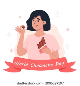 World chocolate day, a young woman eating a bar of chocolate