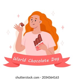 World chocolate day, a young woman eating a bar of chocolate