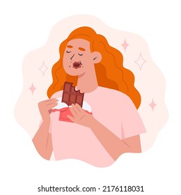 World chocolate day, a young woman eating a bar of chocolate