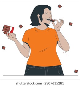 World chocolate day, a young woman eating a bar of chocolate. Happy young woman eating chocolate. Smiling girl feel joyful enjoy sweet bar or sugar dessert. Vector illustration.