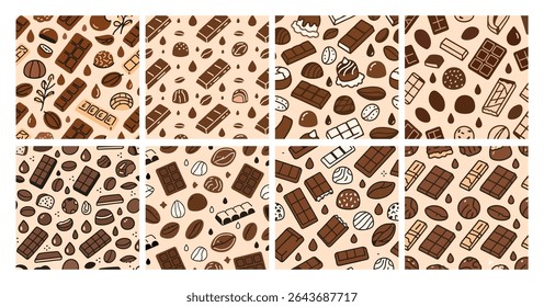 World Chocolate, padrão vetorial contínuo de barras de chocolate, trufas, grãos de cacau e gotas. Perfeito para embalagens, marcas, têxteis e designs com tema de sobremesa. Estilo de desenho animado plano bonito e moderno.