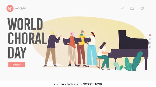 World Choral Day Landing Page Template. Choir Singers Characters Singing in Chorus with Musical Accompaniment. Young People Perform on Scene with Conductor Manage Process. Cartoon Vector Illustration