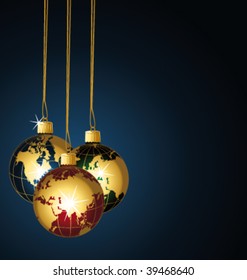 World christmas balls on a blue background. Vector illustration.