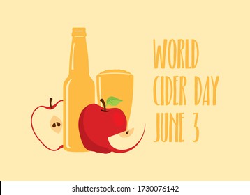 World Cider Day vector. Apple juice icon vector. Apple cider vector. Apples with bottle and glass vector. Fermented fruit drink icon. Cider Day Poster, June 3. Important day