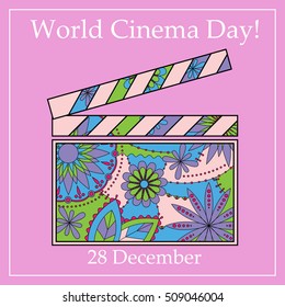 World cinema day background with clapperboard colorful