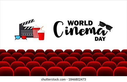 World cinema day banner. Cinema auditorium with seats. Vector EPS 10. Isolated on background