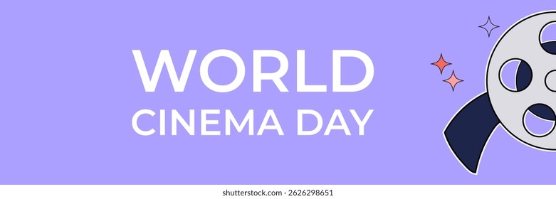World Cinema Day banner. Film reel movie 2000s element on purple background.