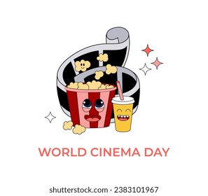 World cinema day banner, poster, postcard with cartoon groovy mascot characters. Hand drawn popcorn and glass of drink 90s, 2000s illustration in y2k style. Vector