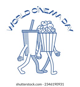 World cinema day banner.Cartoon characters retro popcorn and glass of drink 90s. Trendy vintage poster. Funny characters couple holding hands in doodle groovy style. Vector isolated illustration
