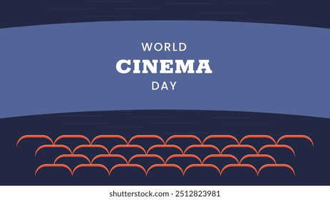 World Cinema Day horizontal banner. December 28. Retro colors. Minimal holiday concept. Template for background, social media post, web banner, card, poster with text inscription. Camera film