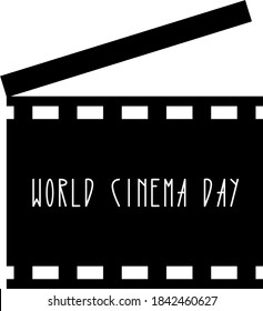World cinema day. Opened movie film clap board and text. Design template of clapperboard, slapstick, filmmaking device. Front view. Isolated vector illustration. Copy space. 
