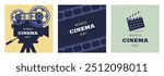 World Cinema Day square banners set. December 28. Retro colors. Minimal holiday concept. Template for background, social media post, web banner, card, poster with text inscription. Camera film