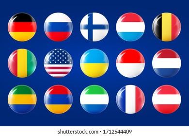 World circular flags collection. Glass light ball with flag. Round sphere, template icon. National symbols set. Glossy realistic ball, 3D abstract vector illustration highlighted on blue background.