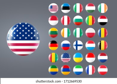 Colección de banderas circulares mundiales. Balón de cristal con bandera. Esfera redonda, icono de plantilla. Conjunto de símbolos nacionales. Balón realista brillante, ilustración vectorial abstracta 3D resaltada en fondo azul.